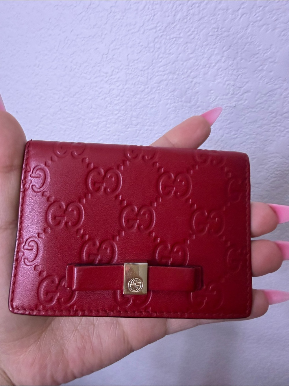 Gucci Red Embossed GG Leather Card Wallet with Bow Detail